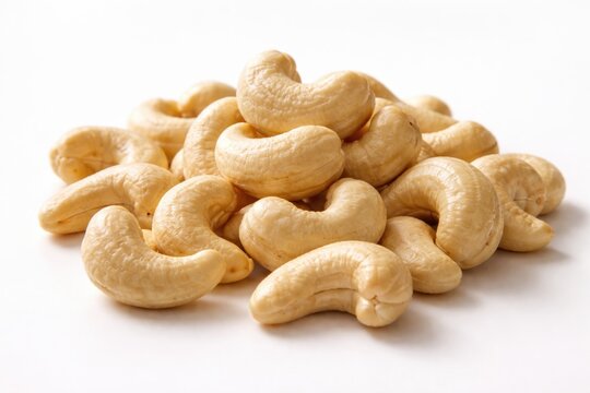 Group of peeled cashew nuts lying on a smooth white backdrop