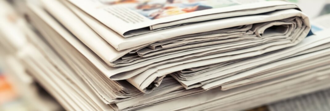 A close-up of a neatly stacked pile of newspapers with visible text and images on the top sheets.