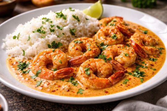 Creamy coconut shrimp curry including tender shrimp and fresh cilantro garnished with fluffy white rice on a smooth white plate