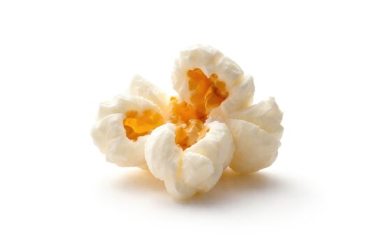 Bright white smooth backdrop with copy space showing a single isolated popcorn piece