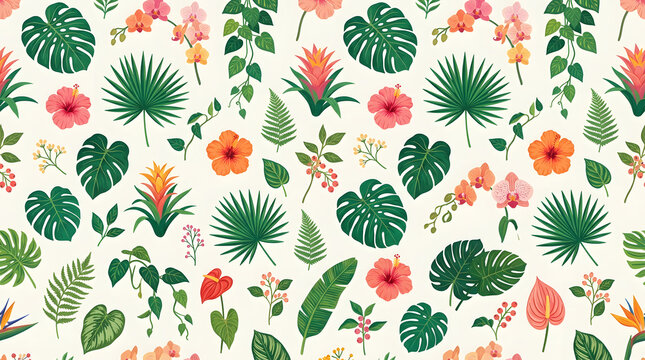 Tropical floral pattern with vibrant hibiscus, orchids, and palm leaves on a cream background - A seamless design for textiles and decor