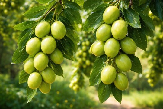 Green jujube fruit clusters hanging from a tree in a sunny garden
