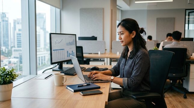 Office worker at desk in Indonesia, modern workplace environment, focused professional in corporate setting