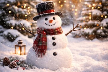 Obraz premium Cheerful snowman with black top hat standing on snowy ground in holiday setting