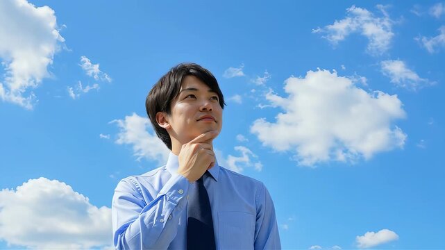 青空の下、明るい未来を思い描くように空を見上げて笑顔で考えるビジネスマン