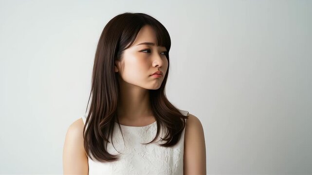悩み事やストレスで頭を抱え、不安そうな表情で考え込む白い服の日本人女性