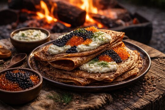 Buckwheat pancakes served with rich tvorog butter and caviar in outdoor fire setting
