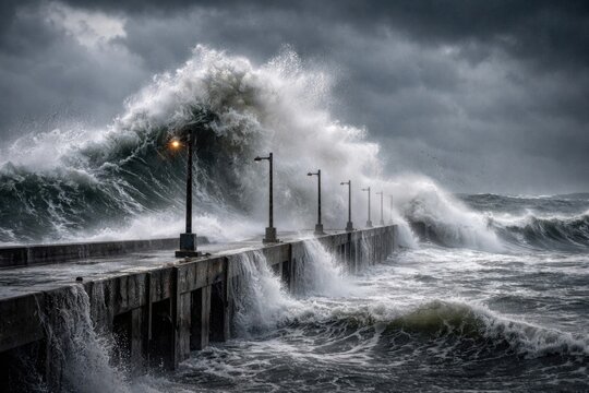 Hurricane fierce waves pounding concrete pier with violent force