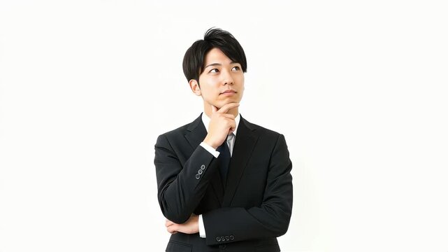 白背景の前で、腕を組みながら真剣な表情で斜め上を見つめて考えるビジネスマン