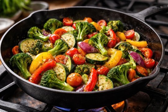 Colorful organic vegetables saut&Atilde;&copy;ed in a heavy cast iron skillet on burner