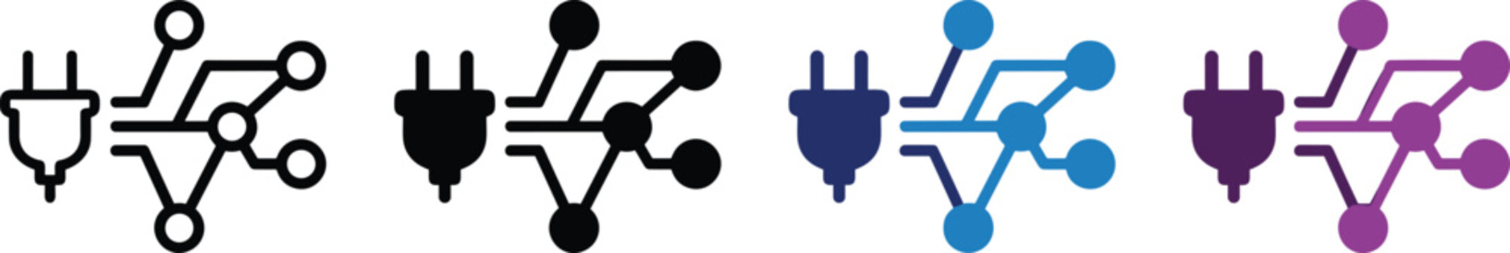 API integration vector icon set with connected plug and node symbols in black, blue and purple flat style, editable system integration icons collection for software development and tech platforms
