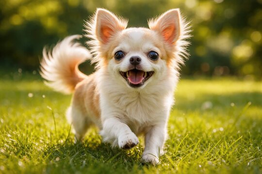 Joyful chihuahua dog frolicking on a fresh green grass lawn in summer