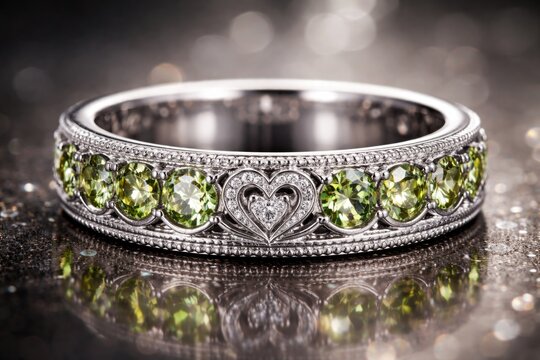 Luxury engagement band with vivid chrysolite accents and heart shaped carvings illustrating detailed jewelry craftsmanship