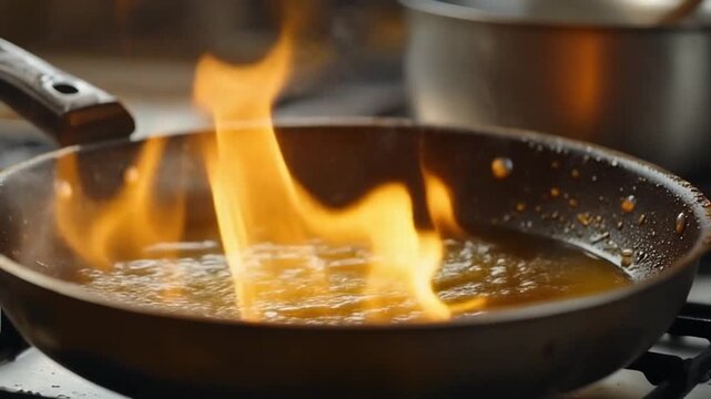 flame on cooking pan oil.