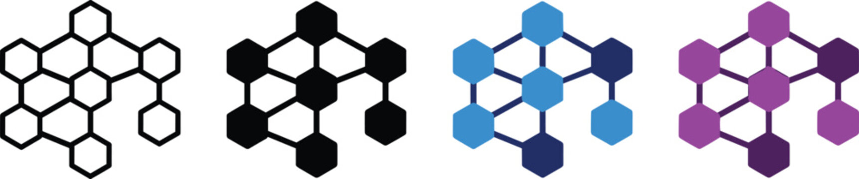 Blockchain network vector icon set with connected hexagon nodes in black, blue and purple flat style, editable decentralized technology symbols collection for crypto apps and fintech branding