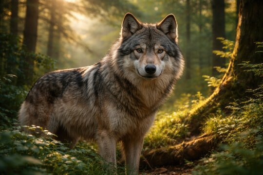 Gray wolf captured in a serene moment within vibrant forest