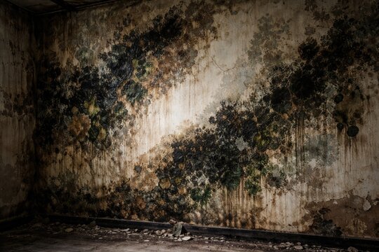 Indoor wall showing prominent fungal mildew covering large stained sections