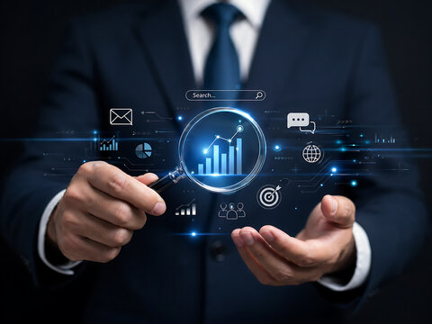 Magnifying glass over digital charts and graphs, symbolizing financial analysis and business growth