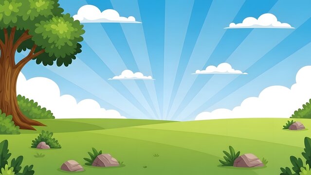 Peaceful green landscape cartoon illustration. Nature background and environment design. Sunny meadow with green grass and trees under a blue sky with clouds