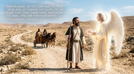 Fototapeta premium Angel speaking to Philip the Evangelist in the desert for the journey toward Gaza. Bible scene from the Acts of the Apostles showing a man meeting a divine messenger on a dusty road.