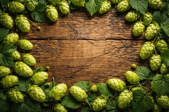 Cracked wooden tabletop featuring fresh whole hops and green leaf border design in vintage style