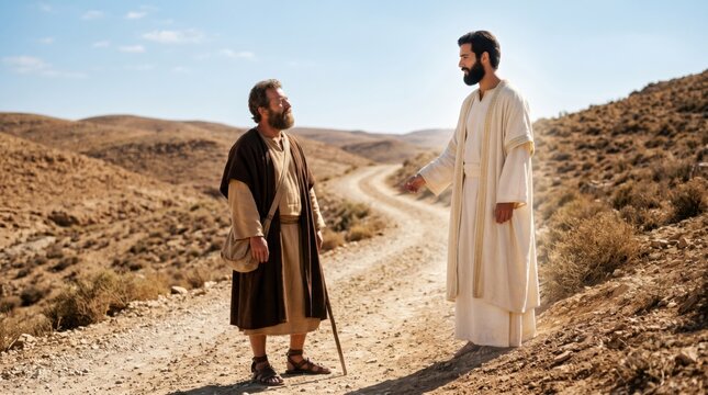 Saint Philip talking to an angel on a desert road. Biblical scene from Acts of the Apostles showing a traveler meeting a divine messenger. Religious history and spiritual faith concept.