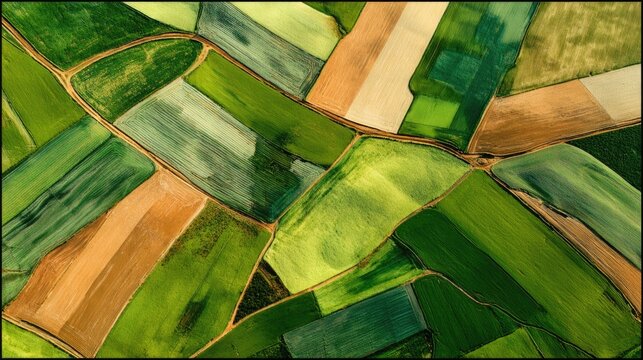 An abstract aerial view of agricultural fields in a patchwork of different greens and browns, creating a natural abstract painting, geometric patterns.