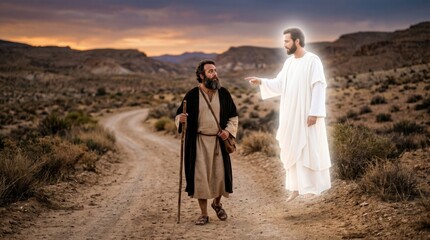 Obraz premium Apostle Philip walking on a desert road meets an angel. Biblical scene from Acts 8 where a man is guided by a divine messenger. Religious illustration of spiritual divine direction.