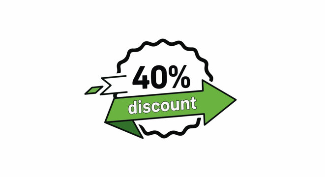 A graphic emblem with a jagged outer edge, displaying "40% discount" in a green arrow