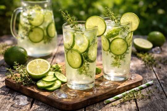 Cool cucumber and lime lemonade with thyme garnish displayed on weathered wood