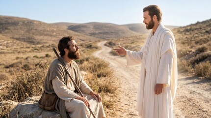 Obraz premium Angel appearing to Philip in desert to direct him on road toward Gaza. Biblical scene from Acts regarding evangelism and guidance. Religious encounter in scripture, spiritual meeting.