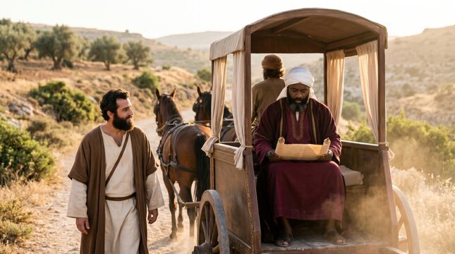 Philip the evangelist teaching the Ethiopian eunuch reading a scroll in an ancient chariot. Biblical scene from Acts 8. Christian ministry and spiritual guidance in desert landscape.