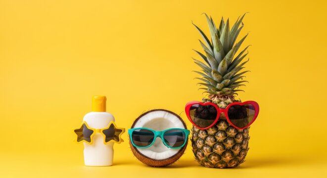 Summer vacation concept pineapple wearing sunglasses and a coconut in sunglasses with a sunscreen bottle all on a bright yellow background representing fun and relaxation during hot weather