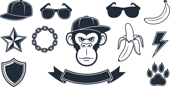Monkey Street Urban Badge Silhouette Elements Set Isolated on White Background
