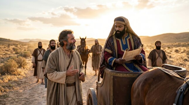 Philip the Evangelist explains holy scripture to the Ethiopian eunuch traveling by chariot in the desert. Biblical scene of Acts 8, Christian missionary teaching gospel of Jesus Christ.