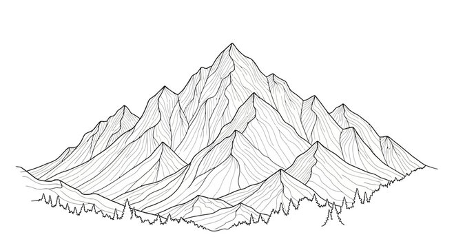Doodle-style illustration of majestic mountain peaks with trees in the foreground