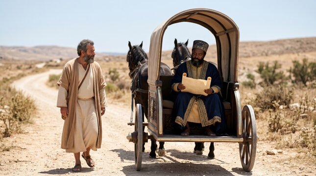 Philip the evangelist teaching the Ethiopian eunuch biblical scripture beside a traveling chariot on a desert path. Ancient religious scene depicting faith, evangelism and holy bible study.