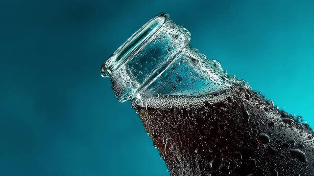 Fingers opening red metal cap of cold cola glass bottle with metal tool, macro.