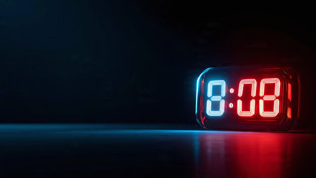 Futuristic Digital Countdown Timer Display with Neon Blue and Red Light on Dark Background