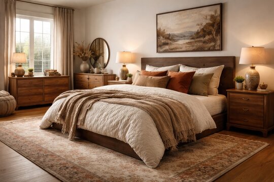 Bedroom interior highlighting a big bed with cozy quilts and earth colored pillows, wooden cabinet storage, and patterned rug
