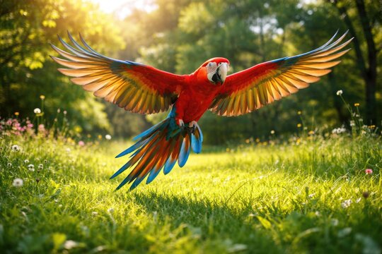 Delighted parrot fluttering above a fresh green grass lawn with full length summer scene