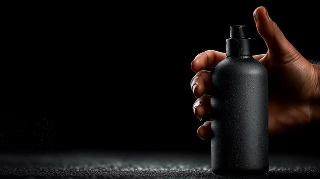 One hand pressing black cosmetic spray bottle, dark studio style.