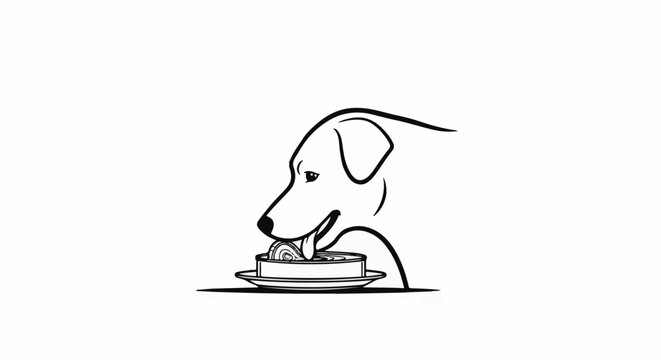 A dog enjoys a meal from a tin on a plate, drawn in line art