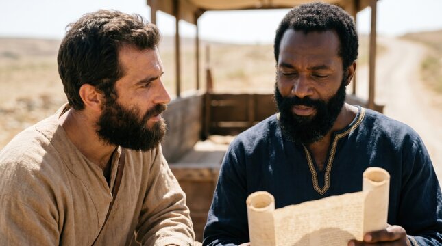 Philip the Evangelist explains holy scripture to the Ethiopian eunuch on the road to Gaza. Biblical reenactment of the Acts of the Apostles chapter eight. Ancient desert travel.