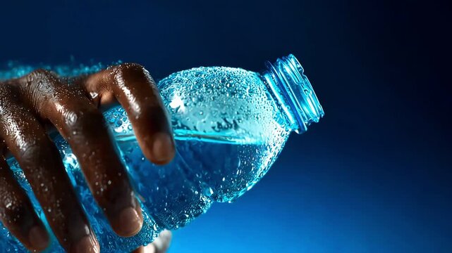 Two hands opening a wet blue plastic water bottle, close up.