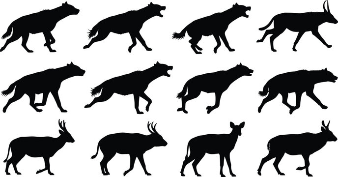 Wild hyena and antelope silhouettes set, african wildlife scavenger and herbivore icons, safari animal predator and prey vectors, savanna fauna collection for design.