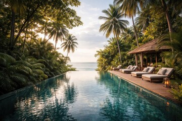 Fototapeta premium Calm tropical retreat showcasing an infinity pool with rich palm foliage and serene water