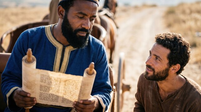 Philip the apostle teaching the Ethiopian eunuch reading biblical scroll on road to Gaza. Biblical scene of evangelist explaining scripture to official in desert. Holy story of faith.