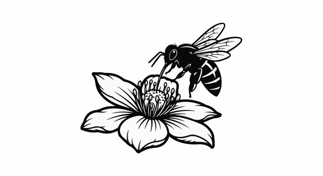 Black and white line art of a bee collecting nectar from a flower