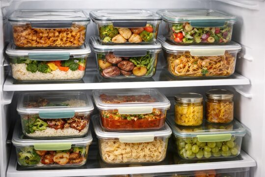 Leftover meals in transparent containers systematically arranged on refrigerator shelves for food storage convenience